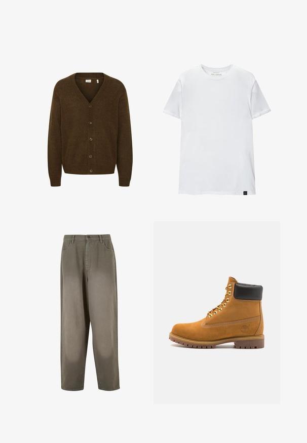 Hnědý pletený kardigan s výstřihem do V, dlouhými rukávy a předním zapínáním na pět knoflíků. Texturovaná tkanina s ribovanými detaily.; Bílá tričko s těsným střihem vyrobené z bavlny. Kolečkový výstřih, krátké rukávy, hladká textura. Malá černá visačka s logem na lemu. Jednoduchý design.; Světle zelené široké kalhoty vyrobené z měkké tkaniny. Mají zapínání na knoflík, přední kapsy a hladký celkový vzhled.; Hnědé semišové kotníkové boty s černým polstrovaným límcem, zlatými kovovými očky, bílým prošíváním a odolnou gumovou podrážkou s výraznými drážkami.