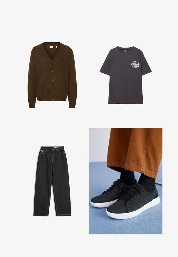 Brązowy dziergany kardigan z dekoltem w serek, długimi rękawami i zapięciem na pięć guzików z przodu. Teksturowana tkanina z prążkowanymi akcentami.; Szara bawełniana koszulka z krótkim rękawem, okrągłym dekoltem i białym nadrukiem po lewej stronie klatki piersiowej. Miękka tkanina i luźny krój.; Czarne jeansy o prostym kroju z białym przeszyciem, pięć kieszeni, zapięcie na guzik i zamek, oraz małe logo na prawej przedniej kieszeni.; Czarne zamszowe trampki z białymi gumowymi podeszwami, z wiązaniem, teksturowanymi akcentami i subtelnym logo, w połączeniu z brązowymi spodniami.