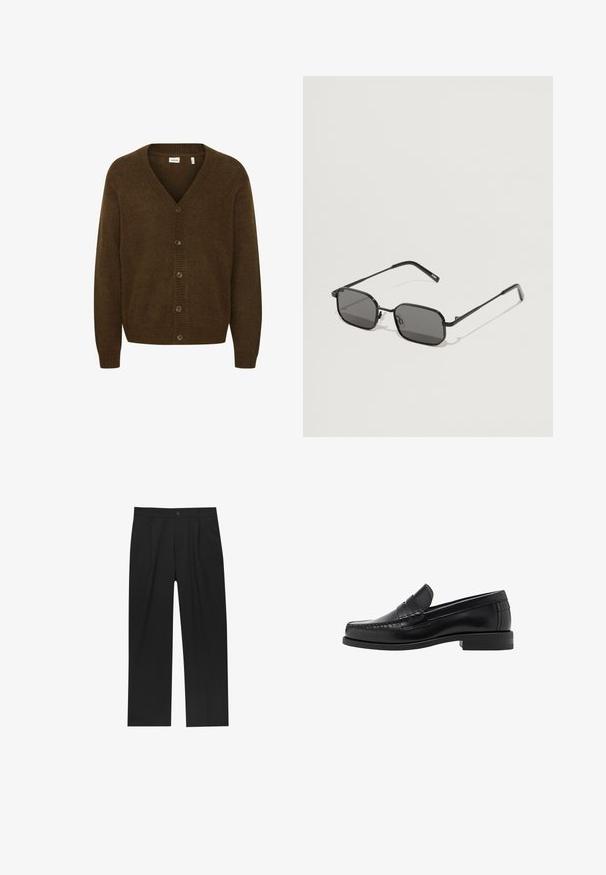 Bruine gebreide cardigan met V-hals, lange mouwen en een frontale knoopsluiting met vijf knopen. Geverfd materiaal met ribbelaccenten.; Zwarte katoenen T-shirt met een ronde hals, korte mouwen en een rechte zoom. Gladde textuur; eenvoudig, onafgebroken ontwerp.; Zwarte broeken met een recht model, gemaakt van een gladde stof. Voorzien van een voorplooien en een enkele knoopsluiting bij de taille.; Zwarte leren instappers met een gladde afwerking, gestikte details op de neus en een lage hakontwerp voor comfort en stijl.; Zwarte zonnebril met rechthoekige lenzen, slank metalen montuur en rechte pootjes. Voorzien van heldere siliconen neuspads voor comfort.