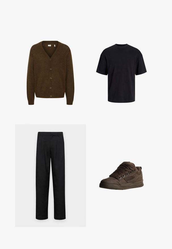 Smeđi pleteni kardigan s V-izrezom, dugim rukavima i prednjim kopčanjem na pet dugmadi. Teksturirana tkanina s rebrastim detaljima.; Crna pamučna majica s okruglim izrezom, kratkim rukavima i opuštenim krojem. Glatka tekstura bez vidljivih uzoraka ili dekoracija.; Crne hlače od glatkog materijala, s dizajnom ravnih nogavica, dva prednja nabora i standardnim pojasom s petljama za remen.; Smeđe atletske cipele napravljene od glatkog sintetičkog materijala. Imaju debele vezice, mrežaste naglašene dijelove, podstavljeni ovratnik i teksturiranu gumenu sredinu.