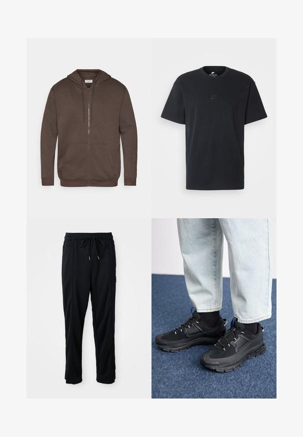 Brun zip-up hettegenser med snøring, frontlomme i kenguru-stil, og ribbestrikkede mansjetter og kant, vist på en hvit bakgrunn.; Nike svart bomull T-skjorte med klassisk rund hals, korte ermer, og en subtil, preget logo på brystet. Glatt tekstur.; Svarte casual bukser med strikk i livet, sidelommer og rett bein på en ensfarget bakgrunn.; Svarte sportssko med teksturert stoff og gummisåler, med elastiske lisser og en blå detalj på hælen. Brukt med lyse denimbukser.