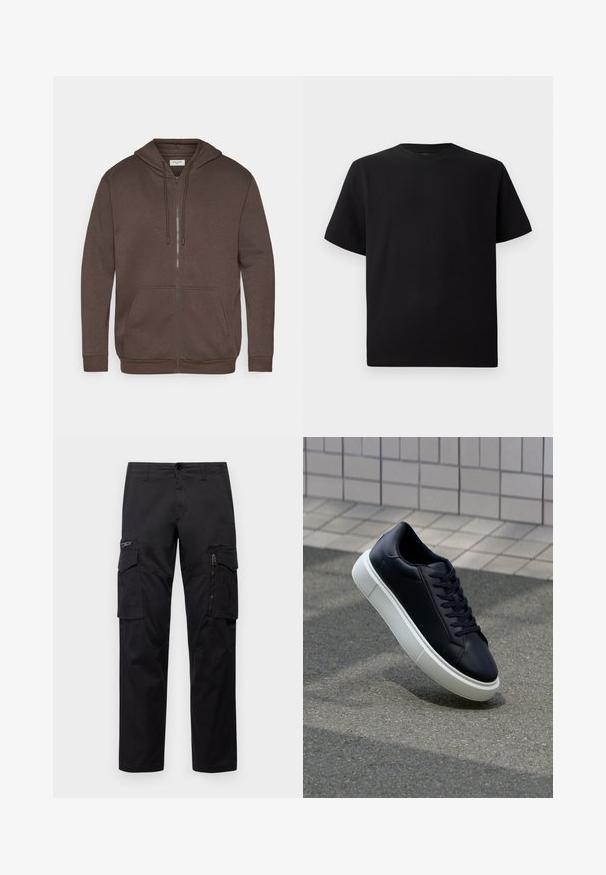 Sudadera con cremallera marrón, con cordones, bolsillo tipo canguro frontal y puños y dobladillo acanalados, exhibida sobre un fondo blanco.; Camiseta negra de manga corta hecha de tejido texturizado, con un cuello redondo y un corte relajado. Sencilla, sin patrones ni acentos.; Pantalones cargo negros con múltiples bolsillos, un bolsillo con cremallera en el muslo, corte recto y tejido de algodón resistente con un ligero brillo.; Zapatilla de cuero negro con punta redonda y suela de goma blanca. Presenta cordones planos y un mínimo de costuras en la parte superior. Suela texturizada para proporcionar agarre.