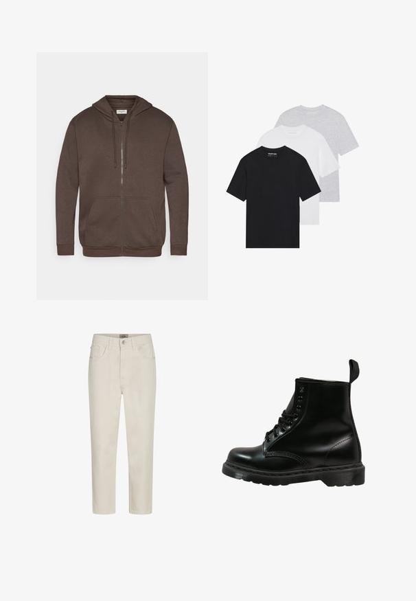 Barna cipzáros kapucnis pulóver húzózsinórokkal, elülső kenguru zsebbel, valamint bordázott mandzsettával és aljjal, fehér háttéren bemutatva.; Három darabból álló alap pólószett fekete, fehér és világosszürke színekben. Rövid ujjú, kerek nyakú, sima pamut anyagból készült. A márka logója látható.; Beige egyenes szárú farmer, elülső gombbal, övcsat lyukakkal és öt zsebbel, fehér háttéren kiállítva.; Fekete bőrcipő kerek orral, fűzős kialakítással, hat fűzőlyukkal és texturált gumitalppal. Hátsó részén húzófül található.