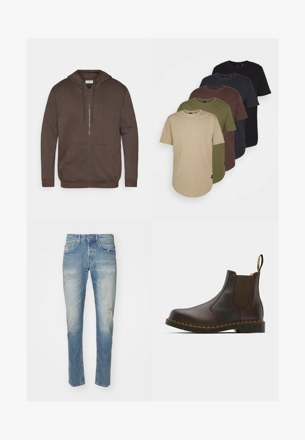 Brun zip-up hoodie med snore, frontlomme i kenguru-stil samt ribbede manchetter og kant, vist på en hvid baggrund.; Fem t-shirts arrangeret i gradientfarver: beige, olivengrøn, brun, mørkeblå og sort. Lavet af blød bomuld med korte ærmer og rund hals.; Lyseblå denimjeans med falmet finish, diskret slid ved knæene, lige ben-design, fem-lommers stil og metalknaplukning.; Brune læder Chelsea støvle med elastiske sidepaneler, struktureret hæl og kontrastgule syninger. Har en trækflap for nem påklædning.