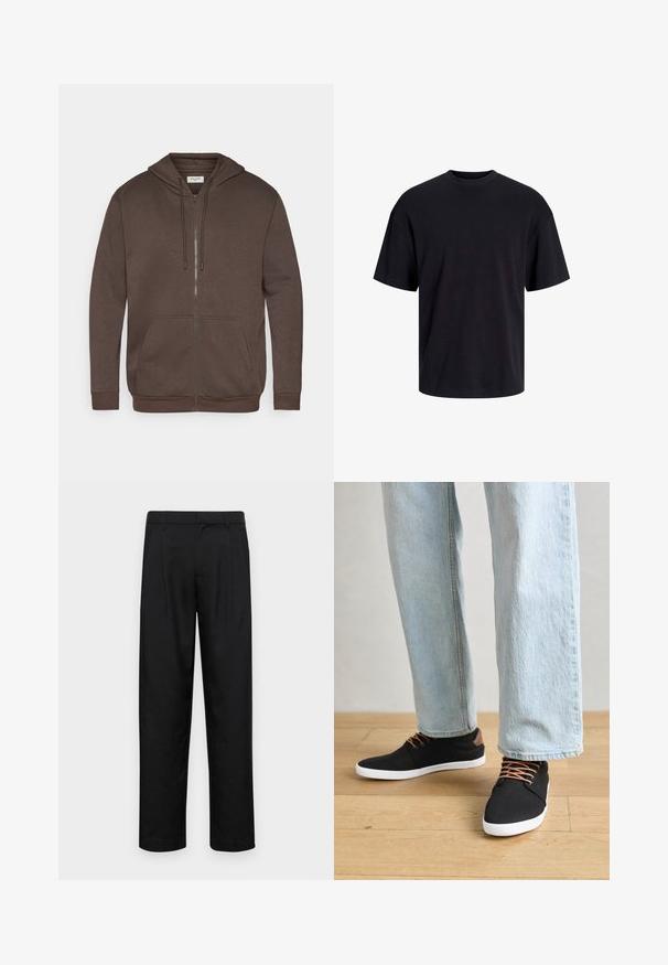 Haut à capuche zippé marron avec cordons de serrage, poche kangourou avant, et poignets et ourlet côtelés, présenté sur un fond blanc.; T-shirt en coton noir avec un col ras du cou, des manches courtes et une coupe décontractée. Texture lisse sans motifs ni accents visibles.; Pantalons noirs en tissu lisse, avec une coupe droite, deux plis avant et une taille standard avec passants de ceinture.; Baskets en toile noires avec des accents marron, semelles en caoutchouc blanches et lacets marron, associées à un jean droit bleu clair. Fond en bois.