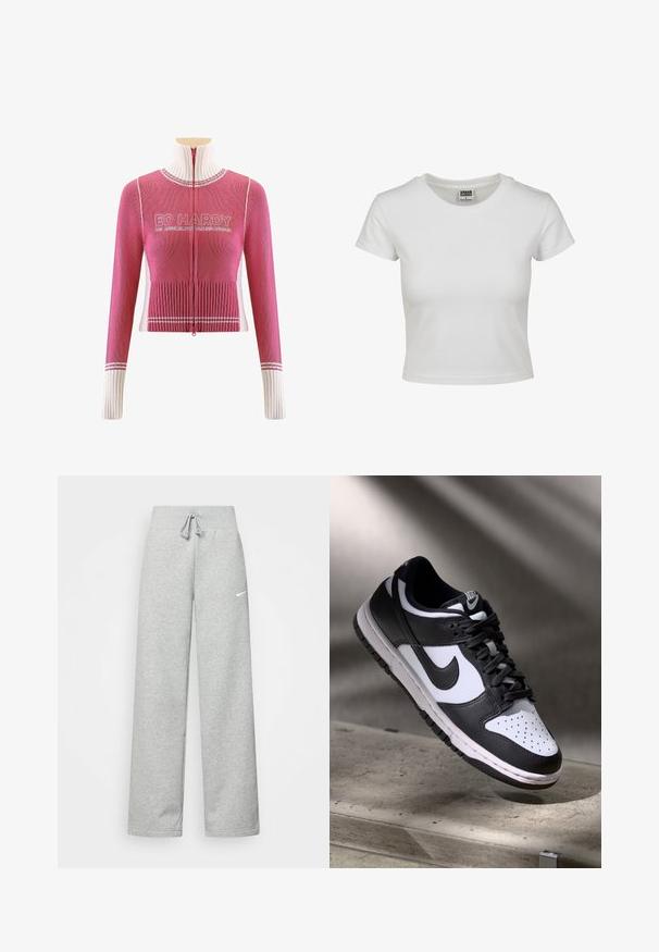 Rosa gestrickter Pullover mit hohem Kragen, durchgehendem Reißverschluss, geripptem Material und weißen Akzenten. Mit "ED HARDY"-Logo auf der Brust.; Weißes Baumwoll-T-Shirt mit klassischem Rundhalsausschnitt, kurzen Ärmeln und slim-fit Schnitt. Keine Muster oder Akzente sichtbar.; Graue Jogginghose mit elastischem Bund, Kordelzug und kleinem weißen Nike-Logo am linken Oberschenkel. Weicher Stoff, locker sitzend.; Schwarz-weißer Nike Dunk Low Sneaker mit Lederobermaterial, perforiertem Zehenbereich und schwarzen Schnürsenkeln, ausgestattet mit einer weißen Sohle und Logo-Akzenten.