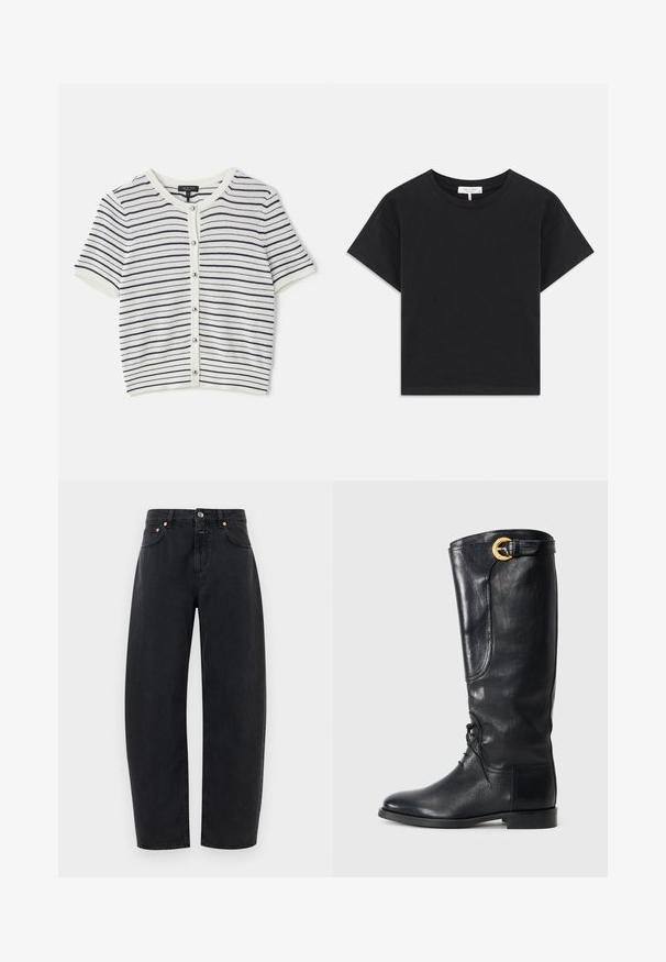 Gestreepte cardigan met korte mouwen in wit en marineblauw, met een ronde halslijn, knoopsluiting en geribbelde textuur.; Zwarte cropped t-shirt van katoen, met een ronde halslijn, korte mouwen en een eenvoudig ontwerp zonder patronen of versieringen.; Zwarte denim jeans met een recht gesneden ontwerp, vijf zakken en koperen accenten. De stof heeft een gladde textuur en klassieke stiksels.; Zwarte leren kniehoge laars met een ronde neus, vetersluiting aan de voorkant, zijdetail en een gouden accent gesp aan de bovenkant. Eersteklas afwerking.
