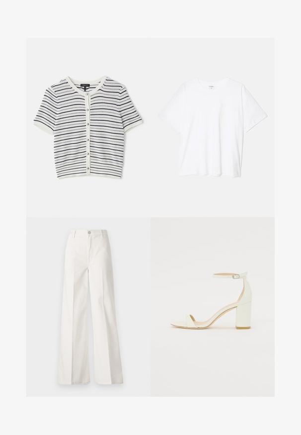 Prugasta kratka rukava kardigan u bijeloj i tamnoplavoj boji, sa okruglim izrezom, kopčanjem na dugmad i rebrastom teksturom.; Bijela pamučna majica s kratkim rukavima, okruglim izrezom, opuštenim krojem i šivenim rubom. Etiketa je vidljiva na unutarnjoj strani vrata.; Bijele široke hlače izrađene od pamuka s glatkom teksturom. Imaju prednji gumb, patentni zatvarač i dizajn s četiri džepa.; Bijela kožna sandala na blok petu s remenom oko zapešća i minimalističkim dizajnom. Otvoreni nos i glatke teksture kroz cijelu obuću.