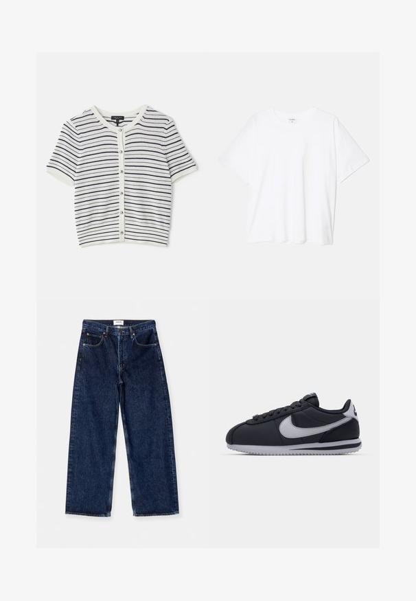 Cardigan scurt cu mânecă scurtă, cu dungi albe și bleumarin, având guler rotund, închidere cu nasturi și textură ribățită.; Tricou alb din bumbac, cu mâneci scurte, guler rotund, croi lejer și tiv cusut. Eticheta este vizibilă pe interiorul gulerului.; Blugi de denim bleu închis, cu picioare largi, care prezintă o talie înaltă, buzunare frontale și o textură netedă cu accente subtile de cusături.; Pantofii sport negri cu accente gri, superior sintetic neted, talpă texturată, vârf rotund și șnururi plate. Design clasic cu detalii ale logo-ului.