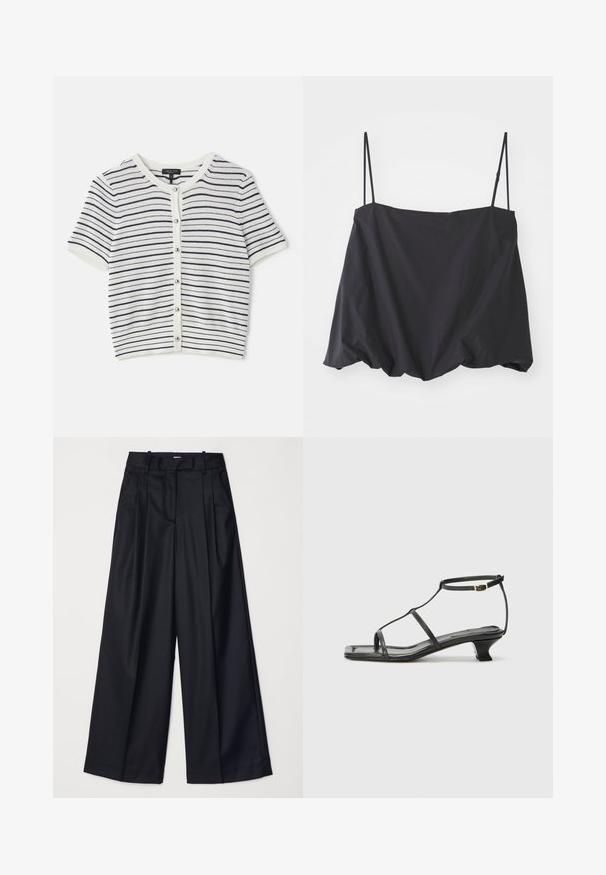 Gestreepte cardigan met korte mouwen in wit en marineblauw, met een ronde halslijn, knoopsluiting en geribbelde textuur.; Zwarte mouwloze top met dunne banden, ruime pasvorm en gathered zoom. Gemaakt van lichtgewicht stof met een gladde textuur.; Zwarte wijde broek van soepel materiaal, met een hoge taille, plooien en een getailleerd ontwerp. Eenvoudige zwarte details bij de taille.; Zwarte leren sandaal met een vierkante neus, dunne banden, een verstelbare enkelriem en een lage hak. Heeft een kleine gouden accent op de band.
