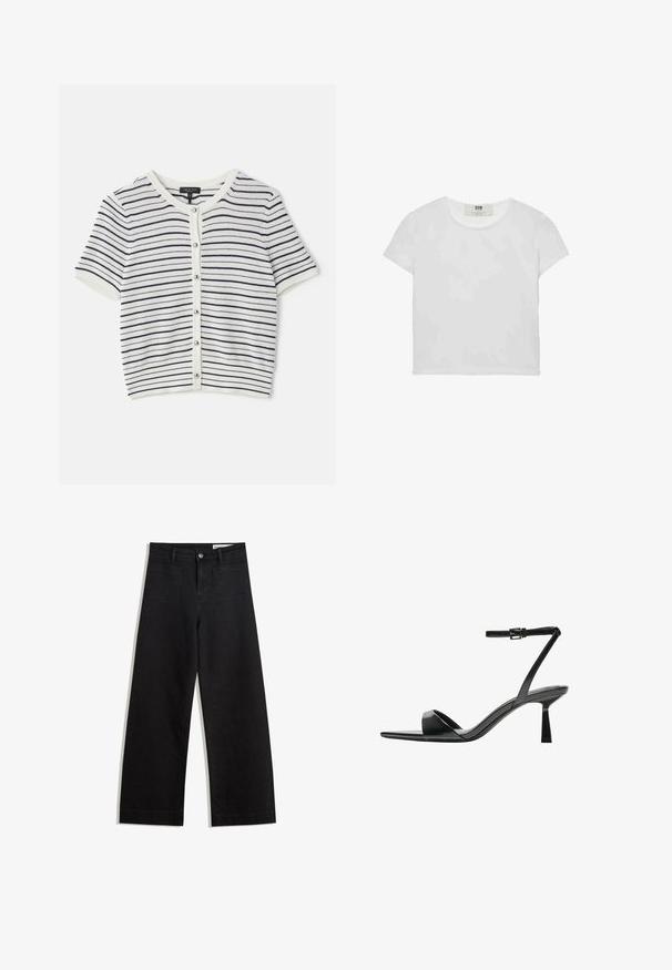 Stripet kortærmet cardigan i hvid og marineblå med rund halsudskæring, knaplukning og ribbet tekstur.; Kortærmet, rundhalset hvid t-shirt lavet af blød bomuld, med et simpelt, rent design uden synlige mønstre eller accenter.; Sorte wide-leg denim bukser med høj talje, der har front- og baglommer, syede sømme og en knaplukning. Glat tekstur.; Bershka Højhælede sandaletter / Højhælede sandaler - black