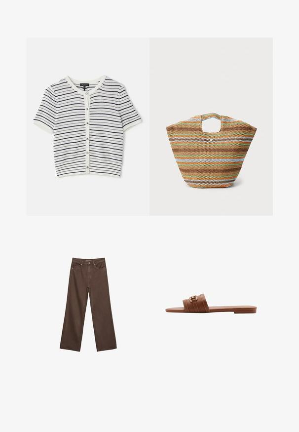 Gestreifte kurzärmlige Strickjacke in Weiß und Marineblau, mit rundem Ausschnitt, Knopfverschluss und geripptem Muster.; Braunes Kurzarm-T-Shirt mit cremefarbener Kragen und Ärmeln. Verziert mit großen weißen Schriftzug "Sportmanufactur adidas Herzogenaurach."; Weite braune Jeans aus Denim, mit hoher Taille, Fronttaschen und klassischem Knopfverschluss. Glatte Textur mit feinen Nähten.; Braune Leder-Sandale mit zwei breiten Riemen, dekorativen Nähten und einem Akzent in Goldfarbe. Flache Sohle.; Gewebte Strohtasche mit mehrfarbigen Streifen in Braun, Grün, Orange und Blau. Verfügt über eine flache Form und zwei Handöffnungen. Leichtes Design.