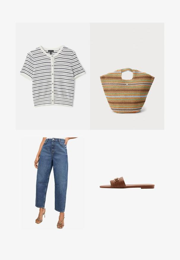 Gestreepte cardigan met korte mouwen in wit en marineblauw, met een ronde halslijn, knoopsluiting en geribbelde textuur.; Bruine t-shirt met korte mouwen, voorzien van een crèmekleurige kraag en manchetten. Heeft grote witte tekst met de opdruk "Sportmanufactur adidas Herzogenaurach."; Hoge taille, rechte pijpen denim jeans in een middentoon blauwe wash. Kenmerkt zich door een klassieke vijf-pocket ontwerp en subtiele stikseldetails.; Bruine leren slipper met twee brede banden, voorzien van decoratieve stiksels en een gouden gesp als accent. Plat ontwerp van de zool.; Geweven rieten boodschappentas met veelkleurige strepen in bruin, groen, oranje en blauw. Heeft een platte vorm en twee handgrepen. Lichtgewicht ontwerp.