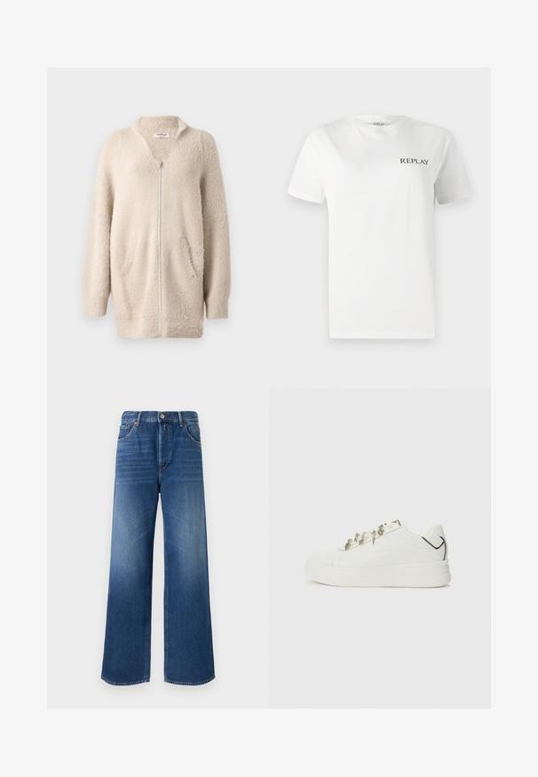 Bežna zadrga jopica, narejena iz mehke, puhaste tkanine. Ima v-izrez, dve sprednji žepi in dolge rokave. Preprost, teksturiran dizajn.; Bela bombažna majica s kratkimi rokavi, okroglim izrezom, z majhnim črnim logotipom "REPLAY" na levi strani prsnega koša. Gladka tekstura.; Široke denim hlače v srednjem modrem odtenku, z zasnovo petih žepov, gumbom za zapiranje in subtilnim zbledeljem na stegnih za teksturo.; Replay UNIVERSITY LUCKY - Športni copati - white
