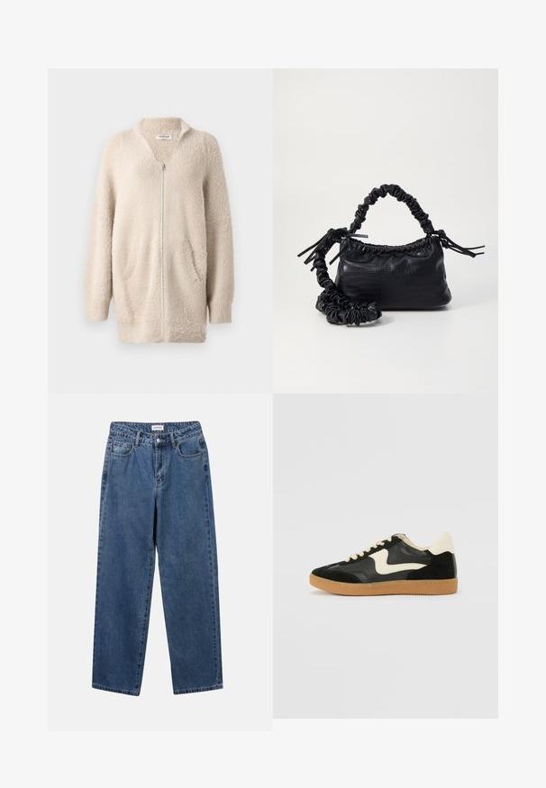 Cardigan beige con zip, realizzato in materiale morbido e soffice. Presenta un collo a V, due tasche frontali e maniche lunghe. Design semplice e testurizzato.; Crop top in maglia color avorio. Maniche lunghe con texture a coste e piccoli dettagli con tagli intorno al colletto.; Jeans in denim blu classico con design a gamba dritta, cinque tasche e chiusura con bottone. Presentano un lavaggio medio e una trama robusta.; Sneaker nera in suede e pelle con un sorriso laterale crema e un tallone di un leggero crema. Presenta lacci beige e una suola in gomma color caramello.; Borsa a tracolla in ecopelle nera con texture a coccodrillo, apertura cinchata e tracolla arricciata. Si presenta con un design morbido e compatto.