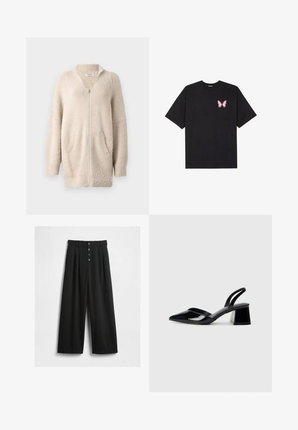 Cardigã bege com fecho, feito de um material macio e fofinho. Apresenta um decote em V, dois bolsos frontais e mangas longas. Design simples e texturizado.; T-shirt de algodão preto com mangas curtas, apresentando um pequeno gráfico de borboleta rosa no lado esquerdo do peito. Design de gola redonda com um corte solto.; Calças largas pretas feitas de um tecido texturizado. Apresenta uma cintura alta, fecho frontal com cinco botões e pregas vincadas para um detalhe adicional.; Sandy em verniz preto com salto slingback, ponta afilada e salto geométrico. Apresenta um design elegante e minimalista com textura suave.