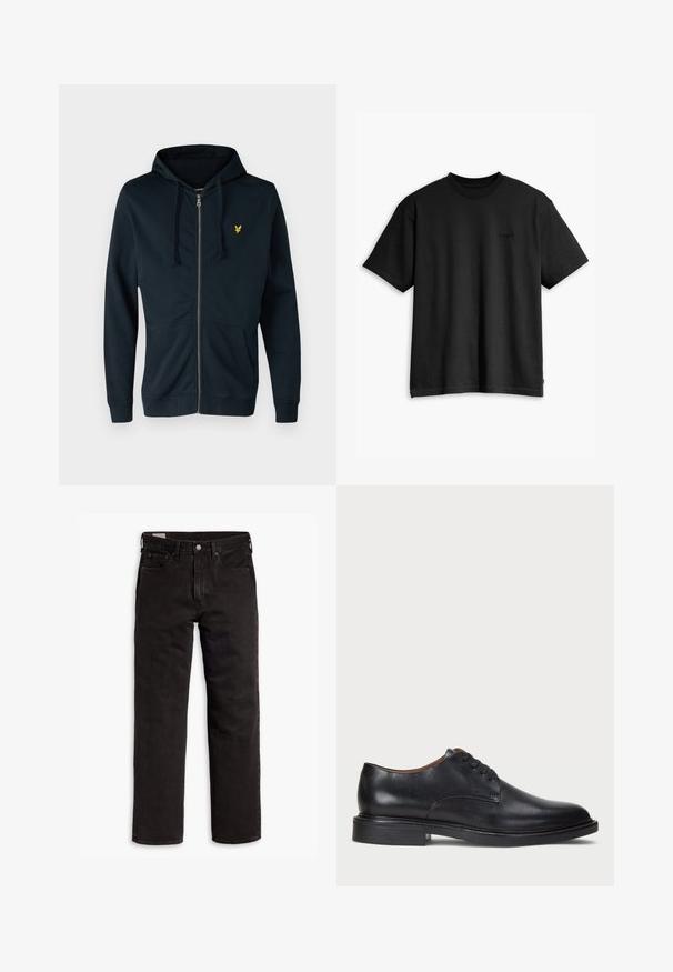 Marineblå hettejakke med glidelås laget av mykt stoff, med en frontlomme, justerbar snorhette og en liten gul logo på venstre bryst.; Svart bomull T-skjorte med rund hals og korte ermer. Har en subtil logo foran og en rett fald. Enkelt og minimalistisk design.; Svarte rette dongeribukser med fem lommer, knappefeste og beltehemper, lagt flatt på en hvit bakgrunn.; Sorte skinnsko med rund tå, snøring og lav, stablet hæl. Glatt tekstur med minimale sømdetaljer.