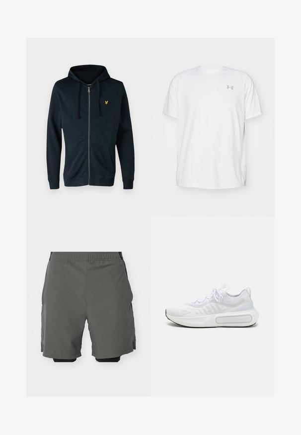 Navy zip-up hoodie made of soft fabric, featuring a front pocket, adjustable drawstring hood, and a small yellow logo on the left chest.; White short-sleeve athletic shirt made of smooth fabric. Features a crew neck and gray logo on the left chest, with side slits at the hem.; Gray athletic shorts with a smooth, lightweight fabric and an elastic waistband, featuring inner compression shorts and side pockets.; White athletic shoe with a textured knit upper, lace-up closure, cushioned sole, and a distinctive branding detail on the side.