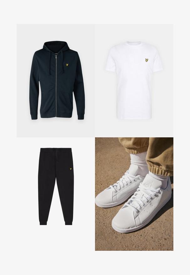 Mornarska zip-up dukserica od mekog materijala, s prednjim džepom, podesivom kapuljačom i malim žutim logotipom na lijevoj strani prsnog koša.; Bijela pamučna majica s malim crnim i žutim izvezenim logotipom na lijevoj strani prsnog koša. Kratki rukavi i okrugli izrez.; Crne sportske hlače s elastičnim pojasom i vezicama, suženim nogavicama s manžetama i malim žutim vezenim logotipom na desnoj bedri.; Bijele kožne tenisice s glatkom površinom, klasičnog dizajna s vezicama, s perforacijama za prozračnost i teksturiranim gumenim potplatom.