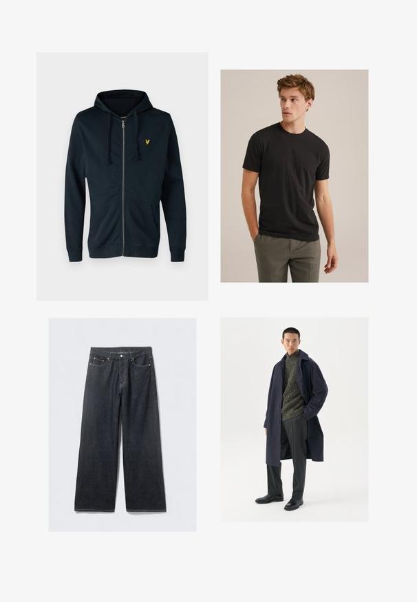 Felpa con zip blu navy realizzata in tessuto morbido, con tasca frontale, cappuccio regolabile con cordini e un piccolo logo giallo sul lato sinistro del petto.; Giovane uomo con capelli ricci di castano chiaro che indossa una t-shirt nera a maniche corte e pantaloni grigi, che guarda verso sinistra con le mani nelle tasche.; Jeans a gamba larga in denim scuro con vita alta, caratterizzati da rivetti in tonalità rame e cuciture a contrasto, texture liscia e senza motivi visibili.; Cappotto navy con chiusura a bottoni, maglione verde testurizzato, pantaloni neri e stivali in pelle nera. Tessuto liscio con silhouette strutturata.