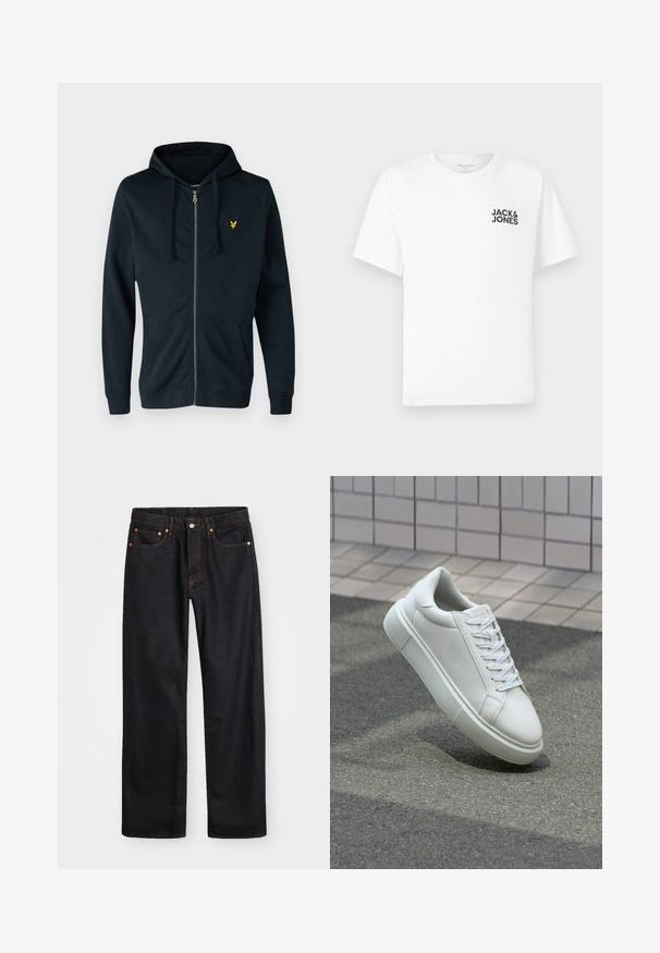 Sudadera con cremallera en color navy, hecha de una tela suave, que cuenta con un bolsillo frontal, capucha con cordón ajustable y un pequeño logo amarillo en el lado izquierdo del pecho.; Camiseta de algodón blanca, de manga corta, cuello redondo. Presenta el logo de texto en negro "JACK & JONES" en el área del pecho izquierdo. Diseño simple y liso.; Jeans de mezclilla negros de pierna recta para hombre, con cinco bolsillos y costuras en color naranja, cierre de botón y cremallera en la parte delantera de la cintura.; Zapatilla de cuero blanca con una superficie lisa, punta redonda y cordones blancos planos. Presenta una suela de goma texturizada y elementos de diseño mínimos.