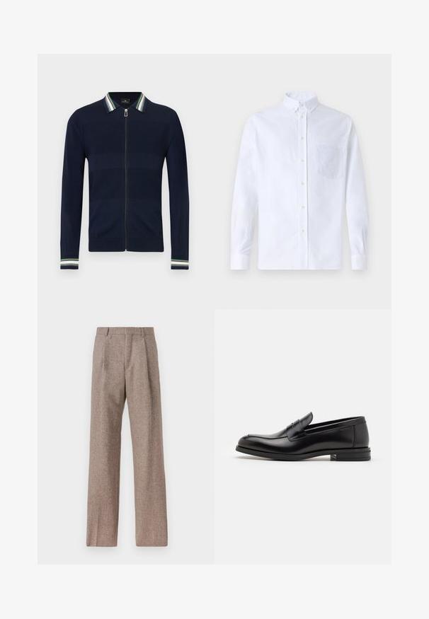 Cardigan bleumarin cu fermoar și guler cu dungi în verde, albastru și alb. Are un design texturat și mâneci lungi cu accente dungi la manșete.; Cămașă albă cu mânecă lungă, din bumbac, prevăzută cu un buzunar pe piept cu broderie tonală, guler și manșete cu buton.; Pantaloni bej, cu talie înaltă, dintr-un material texturat. Prezintă picioare late și două pliseuri frontale pentru structură. Finisaj îngrijit, fără accesorii vizibile.; Mocasini din piele neagră cu o textură netedă, vârf rotund și o curea decorativă peste partea superioară. Toc mic, design minimalist.