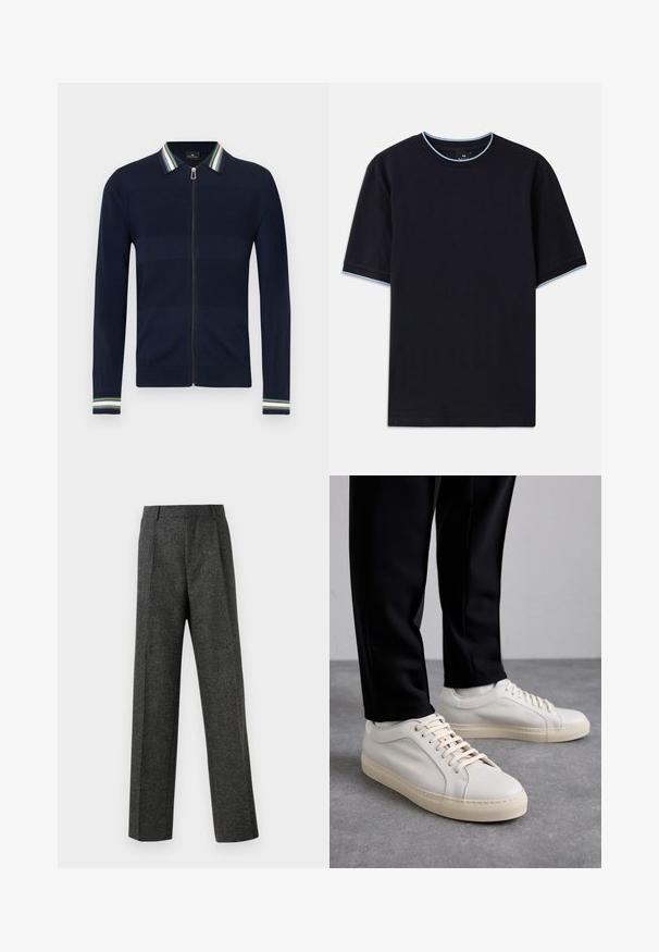 Navy zip-up cardigan with striped collar in green, blue, and white. Features a textured design and long sleeves with striped accents at cuffs.; Dark blue short-sleeve t-shirt with a round neckline, featuring light blue accent at the collar and sleeves. Made of soft cotton fabric.; Gray tailored trousers made of textured fabric, featuring two front pleats and a straight-leg design. No visible pockets or embellishments.; Light beige leather sneakers with flat laces, a textured surface, and a contrasting cream-colored rubber sole, paired with black tapered pants.