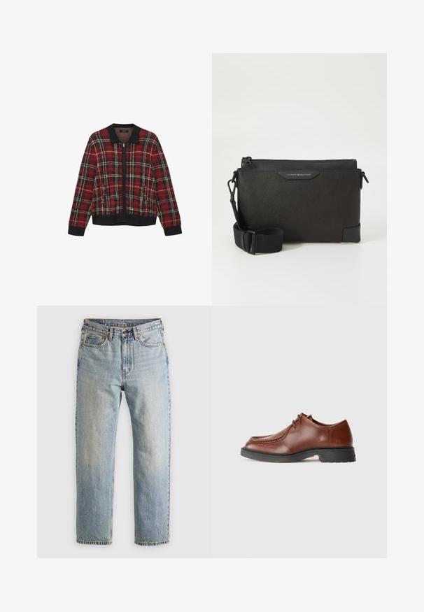 Piros és fekete kockás, cipzáras dzseki bordázott gallérral és mandzsettával, texturált anyagból készült, két elülső zsebbel.; Burgundi színű, hosszú ujjú pamut ing, amely gombos gallérral, elöl gombos záródással és egy kis logóval rendelkezik a mellkason.; Világoskék farmernadrág magas derékkal, elülső gombbal, cipzárral és öt zsebbel, sima háttérre fektetve.; Barna bőr dresszcipő lekerekített orral, kontrasztos varrással, fűzős kialakítással és texturált fekete gumitalppal.; Fekete bőr keresztbody táska textúrás felülettel, cipzárral és állítható pánttal. Logó címke elöl. Téglalap alakú.