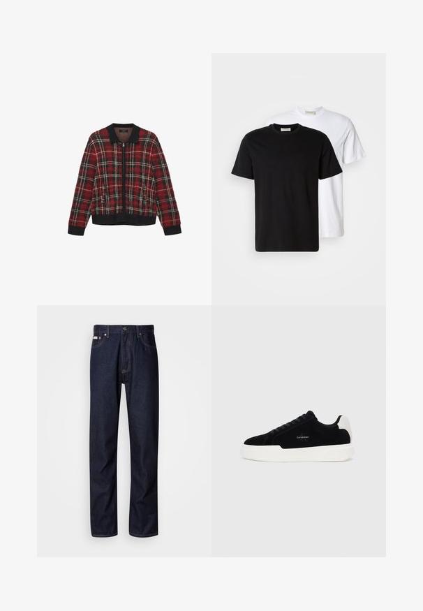 Rode en zwarte geruite zip-up jas met een geribbelde kraag en manchetten, uitgevoerd in een textuurstof en met twee voorzakken.; Twee simpele katoenen T-shirts, één zwarte voor een witte geplaatst, beide met korte mouwen en ronde halslijnen.; Donkerblauwe denim jeans met een rechte snit, voorzien van een knoopsluiting, vijf zakken en contrasterende stiksels.; Zwarte lage sneaker met witte zool en hielstrip, vetersluiting aan de voorkant en Calvin Klein-logo op de zijkant.