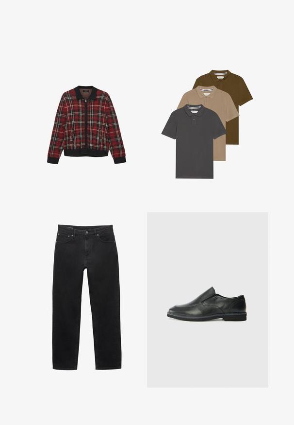Crvena i crna karirana jakna sa zipom, s rebrastim ovratnikom i manžetama, koja ima teksturiranu tkaninu i dva prednja džepa.; Tri ponovno složena polo majica: tamno siva, bež i maslinasto zelena. Kratak rukav, ovratnici sa dva dugmeta, pamučni materijal.; Crne traperice od denima s ravnim nogavicama, koje imaju prednji zip s kopčanjem na dugme i klasičnim stilom s pet džepova.; Crne kožne cipele na sklapanje s glatkom gornjom površinom, prošivenim detaljima, zaobljenim vrhom i niskim gumene potplate. Potplat ima minimalne uzorke.