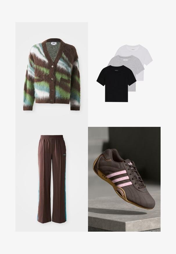 Cardigã castanho e felpudo com um padrão abstrato em verde e azul, design em forma de v, com cinco botões e dois bolsos frontais.; Conjunto de três t-shirts de manga curta nas cores preto, cinza e branco. Feitas em algodão, com gola redonda e um design simples, em cores sólidas.; Calças atléticas castanhas com uma textura canelada, cintura elástica e riscas laterais turquesa. Apresentam o logo da adidas na frente.; Sapatilha atlética de camurça castanha com riscas e logótipo rosa, apresentando um upper texturizado, fecho de atacadores e uma sola de borracha de goma.