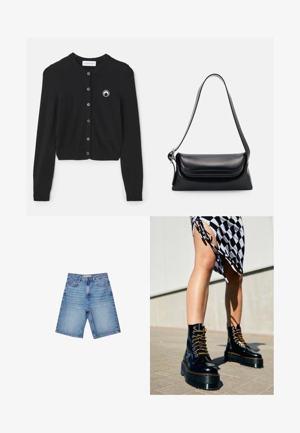 Crna pletiva kardigan s rebrastim okruglim izrezom i prednjim dugmadi. Ima mali bijeli kružni logotip na lijevoj strani grudi.; Bijela bezrukavna omotana bluza napravljena od pamuka. Ima šiljasti ovratnik, detalj s bočnim vezanjem i pomalo slobodan kroj koji se skuplja u struku.; Traperice kratke hlače u svijetloplavoj boji, s klasičnim dizajnom s pet džepova, zip zatvaračem i suptilnim izblijedjenjem. Ravnog kroja s porubljenim rubovima.; Crne kožne platforme s debelim potplatima, zlatnim vezicama i narančastim šavovima, uparene s kariranim suknjom koja ima bočni prorez.; Crna kožna torba s oblikom koji je strukturiran, glatkom teksturom i jednim remenom za rame. Ima suptilan, zaokružen dizajn preklopa.; Srebrni Casio kvarcni sat s pravokutnim licem, analognim i digitalnim displejima, narukvicom od nehrđajućeg čelika i vodootpornim svojstvima.