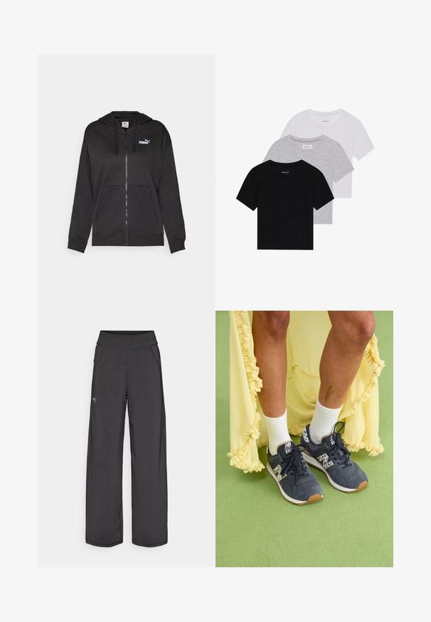 Felpa con zip nera realizzata in tessuto morbido, dotata di tasca frontale, cappuccio regolabile con lacci e logo Puma bianco sulla parte sinistra del petto.; Set di tre t-shirt a maniche corte in nero, grigio e bianco. Realizzate in cotone, presentano un collo a giro e un design semplice in un colore solido.; Pantaloni sportivi neri con una cintura ampia, tasche laterali e cuciture piatte. Presentano un piccolo logo sulla gamba sinistra. Realizzati in un tessuto morbido ed elastico.; Sneakers in suede grigio con suole bianche e accenti pattern. Abbinati a calzini bianchi a tubo e a un vestito giallo con balze. Sfondo verde testurizzato.