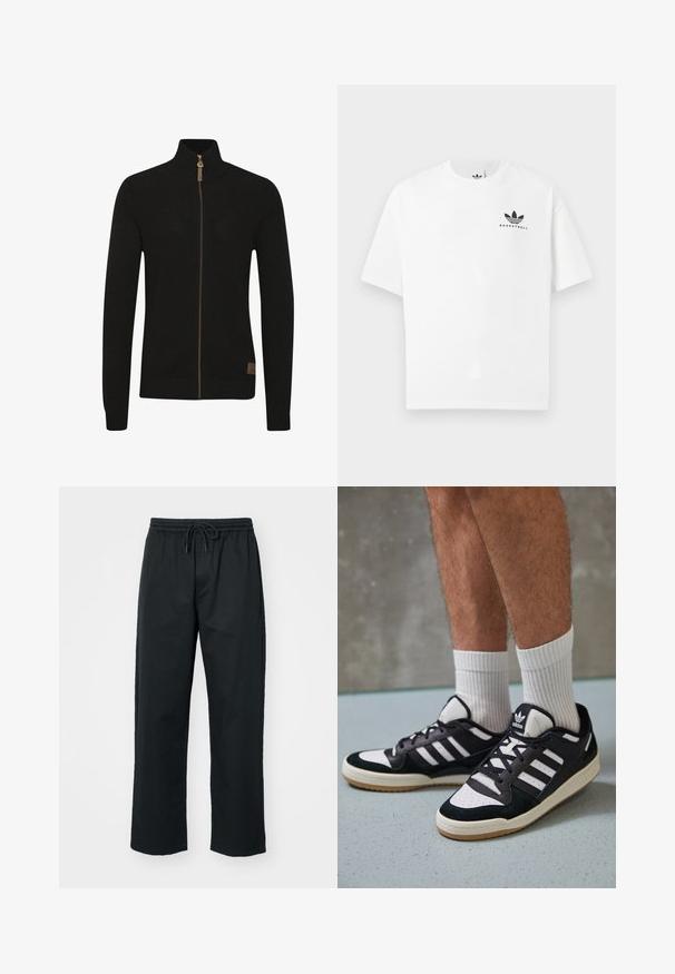 Fekete, cipzáros pulóver, amely struktúrált kötött anyagból készült. Magas gallér, egyszínű, barna cipzárral és egy kis logóval a bal alsó részen.; Fehér pamut póló rövid ujjakkal, elöl fekete "BASKETBALL" logóval és ikonikus háromcsíkos dizájnnal.; Converse STRAIGHT LEG PANTS - Nadrágok - black; Fekete-fehér tornacipők velúr és bőr felsőrésszel, három fehér csíkkal, perforált orral és gumi talppal.