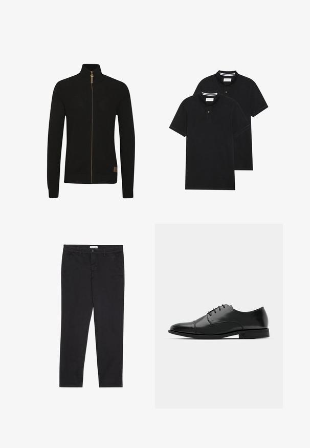 Mustafen mustri, millel on kõrgem krae, täispikkus ja pruun lukuga. Väike logo on vasakus alumises nurgas.; Kaks musta polo särki, lühikeste varrukatega, puuvillane materjal, klassikalise kraega, kahe nupuga kinnitusega, valgete triipudega krae sisepinnal.; Mustad puuvillased püksid kitsas lõikes, millel on kaks külgtaskut ja ees klõpsuga kinnitamine. Tekstuuriga kangas, millel on peened detailid.; Must must esine tugeva varbaga, luku kinnitusega, peente õmblustete detailidega ja madala kontsaga. Sile tekstuur ja poleeritud viimistlus.