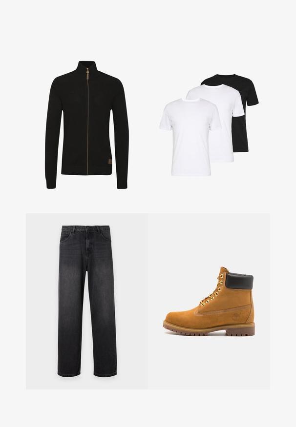 Czarny sweter zapinany na zamek, wykonany z teksturowanej dzianiny. Wysoki kołnierz, jednolity kolor, z brązowym zamkiem i małym logo w lewym dolnym rogu.; Zestaw trzech t-shirtów: jeden czarny i dwa białe. Każdy ma okrągły dekolt, krótkie rękawy i jest wykonany z gładkiej bawełny.; Ciemnoszare dżinsy o prostym kroju, z zapinaniem na zamek błyskawiczny, pięcioma kieszeniami oraz subtelnymi efektami przetarcia na materiale.; Beżowe zamszowe botki sięgające kostki z czarną wyściełaną krawędzią, złotymi oczkami, białymi detalami szycia oraz wytrzymałą gumową podeszwą z wyraźnym bieżnikiem.