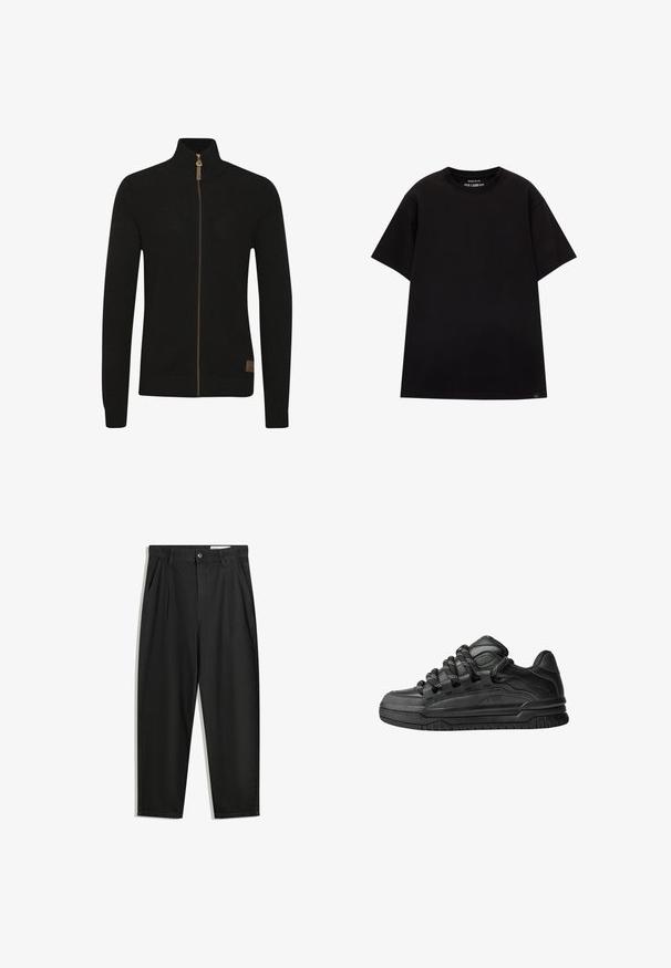 Zwart zip-up sweater van textuur gebreid materiaal. Hoge kraag, effen kleur, met een bruine rits en een klein logo op de linksonder.; PULL&BEAR JOIN LIFE - T-shirt basic - black; Zwarte katoenen broeken met een losse pasvorm, voorzien van een klassieke tailleband, voorplooien en zijzakken. Gladde structuur zonder patronen.; Zwarte sneakers met een glad leren bovenwerk, gearceerde accenten en ronde zwart-witte veters. Dikke rubberen zool met een geprofileerd loopvlak.