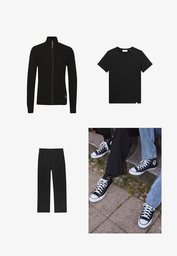 Crna zip-up dukserica od teksturirane pletene tkanine. Visoki ovratnik, jednobojna, s smešnim zipom i malim logotipom na donjoj lijevoj strani.; Crna kratka majica s kratkim rukavima od pamuka, s okruglim izrezom i malim logotipom izvezenim na prsima. Glatka tekstura, standardni kroj.; Crne hlače ravnog kroja, izrađene od glatkog materijala. Imaju prednje nabore i jedan dugme na struku.; Crne visoke platnene tenisice s bijelim gumama i vezicama, sa kružnim logom sa strane, u kombinaciji s trapericama i crnim hlačama.