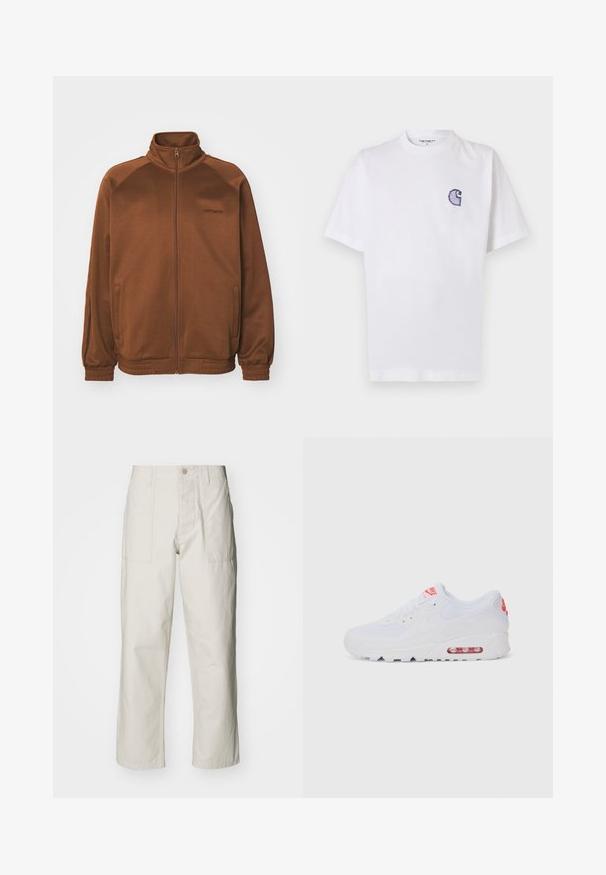 Carhartt WIP BOLAN JACKET - Zip-up sweatshirt - chocolate/tobacco; White cotton t-shirt with short sleeves, round neckline, and a small, embroidered blue "C" logo on the left chest area.; Light beige wide-leg pants made of cotton. Features front pockets and a button closure. Smooth texture with subtle vertical lines.; White athletic sneaker featuring a smooth upper, lace closure, cushioned sole, and a visible air unit with red accents on the branding.