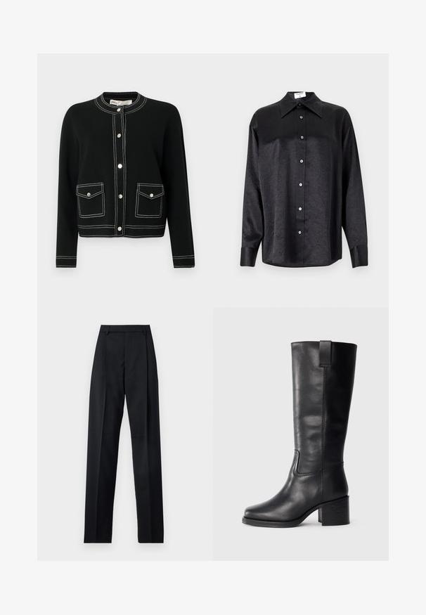 Cardigan negru cu capse argintii, două buzunare frontale cu cusături albe și decolteu rotund. Confecționat dintr-un material moale.; Cămașă neagră cu mânecă lungă, cu guler, cu o textură șifonată, cu nasturi pe toată lungimea și manșete. Fabricată dintr-un material neted.; Pantaloni negri dintr-un material neted, cu talie înaltă, picioare largi, pliuri frontale și loop-uri clasice pentru curea. Fără buzunare laterale vizibile.; Cizme negre din piele până la genunchi cu o textură netedă, vârf pătrat, toc bloc și tab pentru tragere pe lateral, având detalii de cusătură minime.