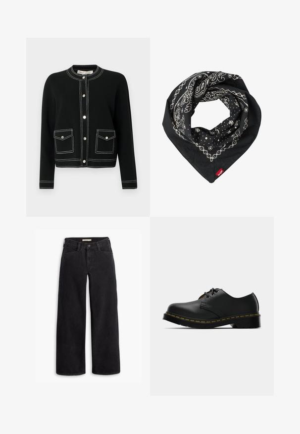 Czarny kardigan z srebrnymi zatrzaskami, dwoma przednimi kieszeniami z białym przeszyciem i okrągłym dekoltem. Wykonany z miękkiego materiału.; Biała koszulka z krótkim rękawem i okrągłym dekoltem, wykonana z miękkiej bawełny, charakteryzująca się prostym, czystym wzorem bez widocznych zdobień ani akcentów.; Czarne dżinsy o szerokich nogawkach wykonane z denimu. Posiadają wysoki stan, przednie kieszenie oraz zamek błyskawiczny z zapięciem na guzik. Gładka tekstura.; Czarne skórzane buty z okrągłym noskiem, sznurowane, z żółtym przeszyciem wzdłuż podeszwy oraz masywną czarną gumową podeszwą dla lepszej przyczepności.; Levi's® UNISEX czarny