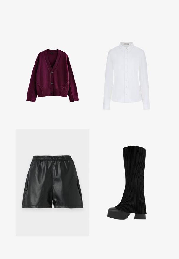 Next - Kardigan; Biała koszula z długim rękawem z kołnierzykiem, zapięciem na guziki z przodu i mankietami. Wykonana z gładkiego materiału, dopasowana, bez widocznych wzorów.; Czarne szorty z faux skóry z elastycznym pasem, charakteryzujące się gładką fakturą i luźnym krojem. Bez widocznych wzorów ani akcentów.; Czarne wysokie kozaki z ribbowym materiałem, chunky platformą i blokowym obcasem, o gładkiej fakturze i nowoczesnym, eleganckim designie.