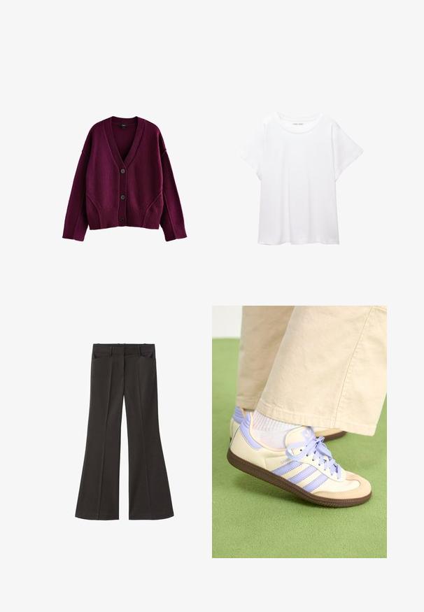 Next SOFT TOUCH SEAM DETAIL - Vest - berry red; Witte T-shirt van zacht, lichtgewicht stof. Heeft een ronde halslijn en korte, brede mouwen met een ontspannen pasvorm. Geen zichtbare patronen.; Zwarte flared broek met een hoge taille; beschikt over twee voorkeurszakken en een gladde stoftextuur. Geschikt voor verschillende gelegenheden.; Crème- en lavendel-sneakers met drie strepen en een gestructureerde bruine zool, voorzien van veters en een gewatteerde hiel. Zachte stoffen bovenkant.