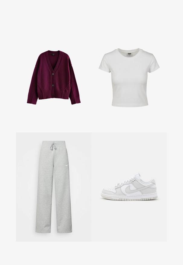 Next SOFT TOUCH SEAM DETAIL - Vest - berry red; Witte katoenen t-shirt met een klassieke ronde hals, korte mouwen en een getailleerde vorm. Geen patronen of accenten zichtbaar.; Grijze sweatpants met een elastische tailleband, een trekkoord-detail en een klein wit Nike-logo op de linkerdij. Zachte stof, losvallend.; Witte leren sneakers met grijze accenten, geperforeerde teen, platte veters, gevoerde kraag en een gemanipuleerde rubberen zool.