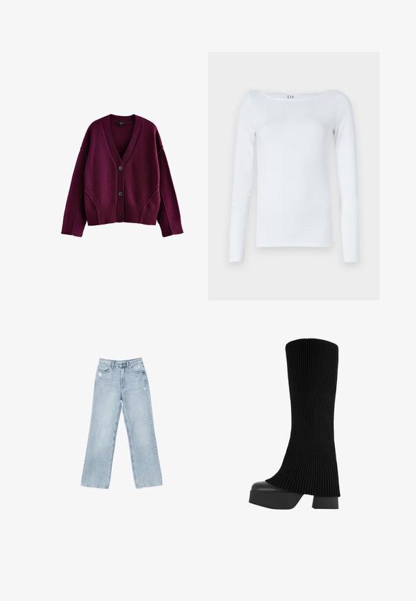 Next SOFT TOUCH SEAM DETAIL - Cardigan - berry red; Hvid langærmet skjorte lavet af bomuldsblanding, med en rund halsudskæring og et slankt snit. Ingen synlige mønstre eller detaljer.; Lyseblå denimjeans med bred benåbning, slidte detaljer, fem-lomme design og lynlåslukning.; Sort knæhøj støvle med en ribbet stofoverdel, chunky platformsål og blokhæl, der har en glat tekstur og et elegant, moderne design.