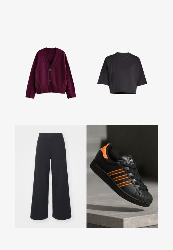 Next SOFT TOUCH SEAM DETAIL - Cardigan - berry red; Maglietta nera cropped con collo rotondo, maniche corte e larghe, caratterizzata da strisce verticali in raso sul lato sinistro. Tessuto liscio.; Pantaloni felpati neri a gamba larga realizzati in tessuto morbido, con un elastico in vita e un piccolo logo sul lato sinistro.; Sneaker nera con accenti arancioni, tre strisce orizzontali, parte superiore in pelle texture, punta in gomma e lacci neri.