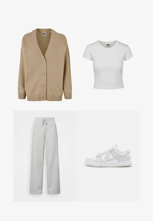 Beige gebreide cardigan met een V-hals, ribbelkraag en sluiting met vijf knopen. Beschikt over losse mouwen en een textuurpatroon in de stof.; Witte katoenen t-shirt met een klassieke ronde hals, korte mouwen en een getailleerde vorm. Geen patronen of accenten zichtbaar.; Grijze sweatpants met een elastische tailleband, een trekkoord-detail en een klein wit Nike-logo op de linkerdij. Zachte stof, losvallend.; Witte leren sneakers met grijze accenten, geperforeerde teen, platte veters, gevoerde kraag en een gemanipuleerde rubberen zool.
