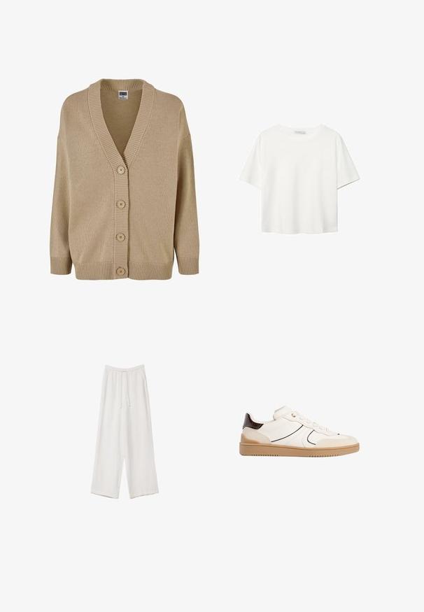 Cardigan beige lavorato a maglia con scollo a V, colletto a coste e chiusura con cinque bottoni. Presenta maniche larghe e un motivo di tessuto texturizzato.; T-shirt bianco a maniche corte realizzato in cotone. Presenta un collo tondo e una vestibilità rilassata. Texture liscia senza motivi o dettagli visibili.; Pantaloni a gamba larga bianchi realizzati in un tessuto leggero. Presentano una vita elastica con cordoncino e tasche laterali. Texture liscia.; Stradivarius Sneakers basse - white