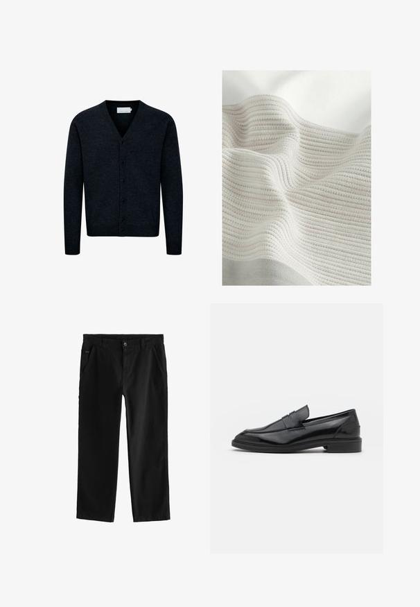 Námornícky modrý pletený kardigán s výstrihom do V, zapínaním na prednej strane, dlhými rukávmi a rebrovaným lemom. Vyrobený z mäkkej, textúrovanej tkaniny.; Textúrovaná tkanina so svetlo šedými a krémovými pruhmi. Mäkkučký materiál s vlnkovaným vzhľadom, ktorý zvýrazňuje tkaný vzor a jemné záhyby.; Čierne bavlnené nohavice so striha priamych nohavíc, s predným zapínaním na gombík, šikmými bočnými vreckami a jemnými detailmi šitia.; Čierne kožené loaferky s hladkým povrchom, s okrúhlou špičkou a úzkym pásom cez vrch. Nízky vrstvený podpätok.