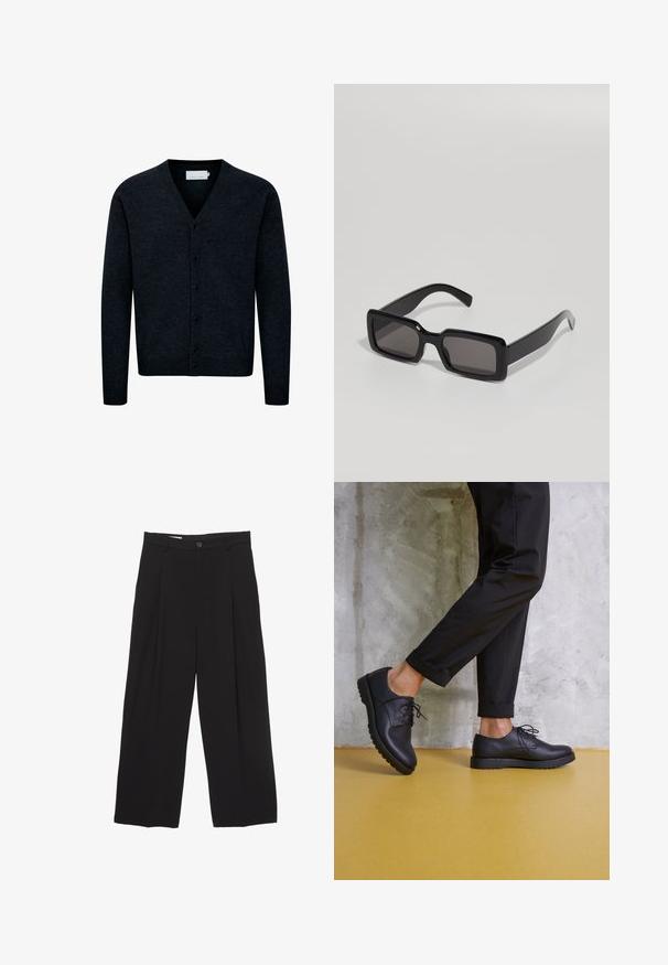 Cardigan tricotat de culoare albastru marin, cu decolteu în V, închidere cu butoane frontale, mâneci lungi și tiv cu dantelă. Fabricat dintr-un material moale, texturat.; Tricou negru, cu croială lejeră, fabricat din bumbac, cu mâneci scurte. Prezintă un mic logo alb pe piept și un eticheta pe tivul inferior.; Pantaloni negri cu croi larg, realizati dintr-un material neted, avand o talie plată, pliuri frontale și un buton de închidere.; Pantofi negri din piele cu șireturi, vârf rotund și talpă texturată din cauciuc. Purtat cu pantaloni negri scurtați, pe un fundal de beton.; Ochelari de soare negri cu o ramă rectangulară, construcție din plastic gros și lentile închise, având suprafețe netede și colțuri rotunjite.